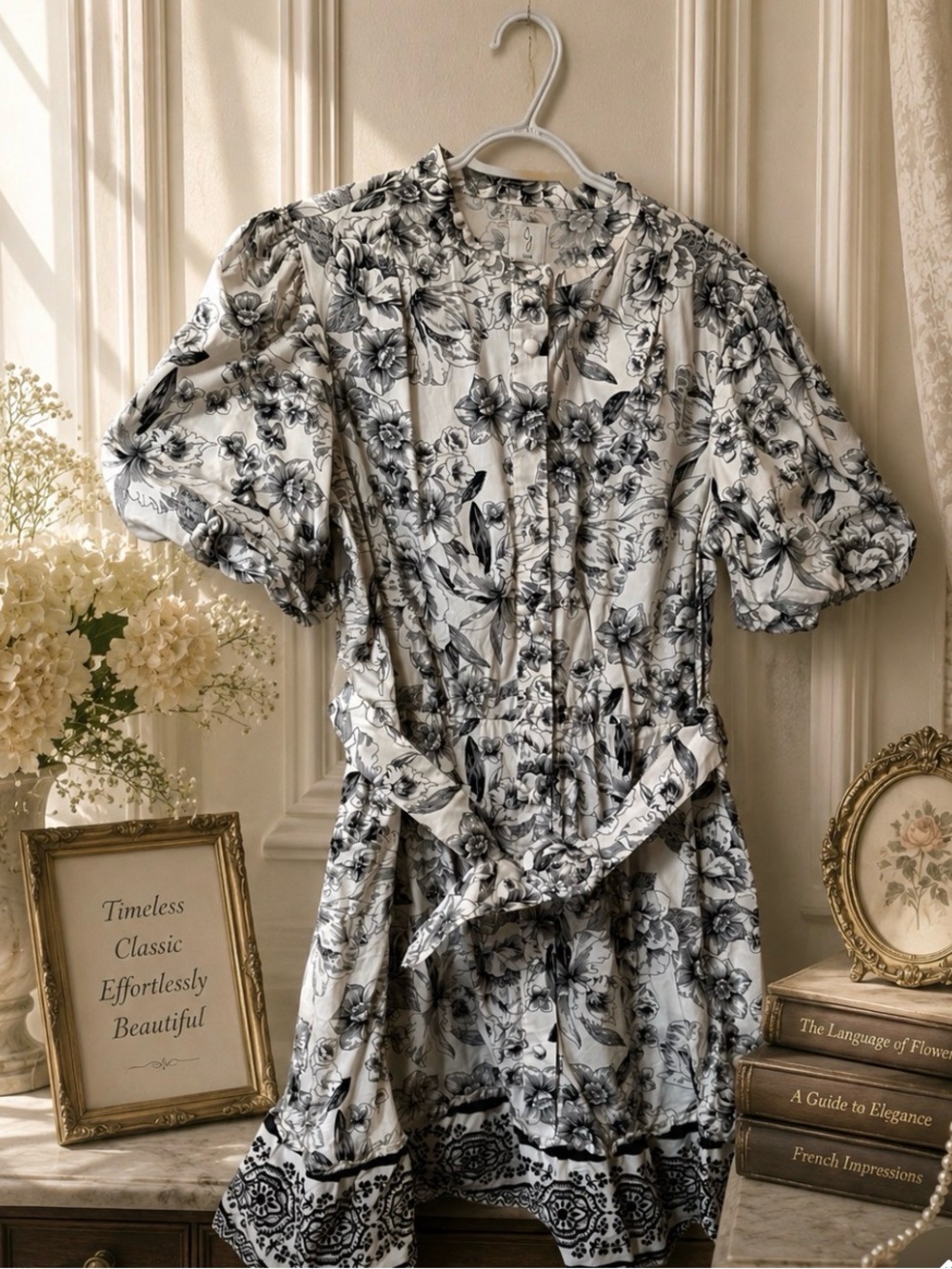 Joie Black and White Floral Mini Dress with Waist Tie